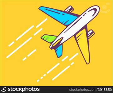 Vector illustration of colorful airplane flying right up leaving a trail on yellow background. Bright color line art design for web, site, advertising, banner, poster, board and print.