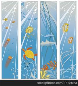 Vector illustration of Colorful banners set with creatures of the seas. Friendly kids style.