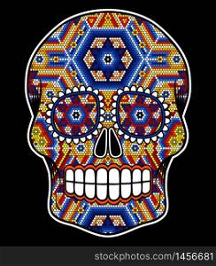 "vector illustration of colorful beaded skull inspired in mexican huichol art and traditional sugar skull from Mexico. Popular symbol of "dia de muertos". Isolated on black background"