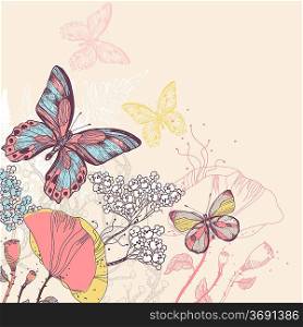 vector illustration of colorful butterflies and flowers