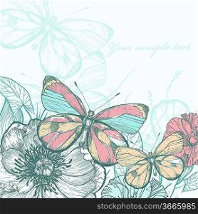 vector illustration of colorful butterflies and flowers in a vintage style