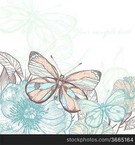 vector illustration of colorful butterflies , summer flowers and plants