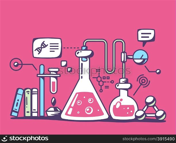 Vector illustration of colorful chemical laboratory flasks on red background. Bright color line art design for web, site, advertising, banner, flyer, poster, board and print.