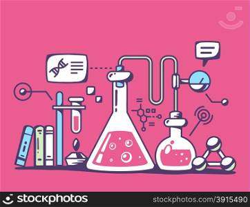 Vector illustration of colorful chemical laboratory flasks on red background. Bright color line art design for web, site, advertising, banner, flyer, poster, board and print.
