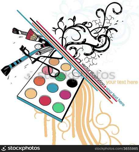 vector illustration of colorful eyeshadow and eyeliners and abstract plants