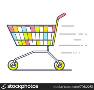 Vector illustration of colorful fast moving shopping trolley side view on white background. Hand draw line art design for web, site, advertising, banner, poster, board and print.