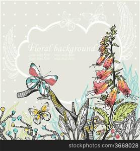 vector illustration of colorful flowers and butterflies