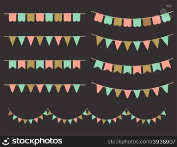 Vector Illustration of Colorful Garlands on black background. Pastel pink, gold and mint colors buntings and flags. Holiday set.