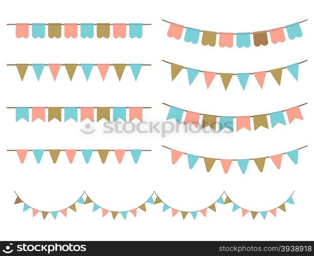 Vector Illustration of Colorful Garlands on white background. Pastel pink, gold and mint colors buntings and flags. Holiday set.