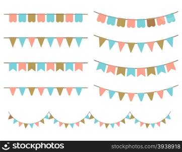 Vector Illustration of Colorful Garlands on white background. Pastel pink, gold and mint colors buntings and flags. Holiday set.