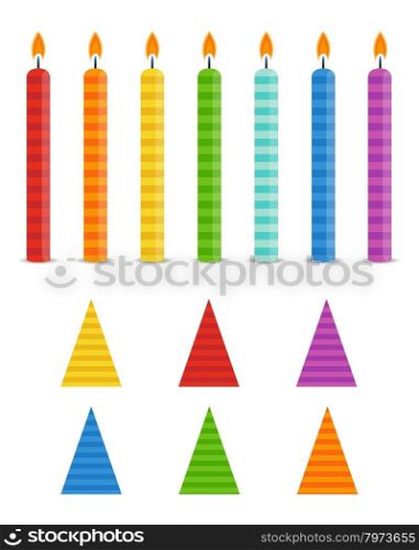 Vector Illustration of Colorful Garlands. Vector Holiday Set. Colorful Birthday Candles and Hats on white background. Rainbow colors.