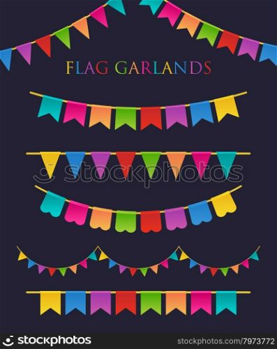 Vector Illustration of Colorful Garlands. Vector Illustration of Colorful Garlands on dark background. Rainbow colors buntings and flags. Holiday set.