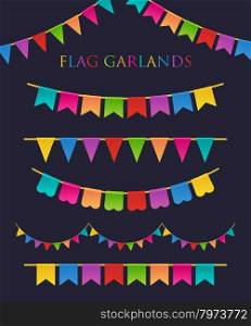 Vector Illustration of Colorful Garlands. Vector Illustration of Colorful Garlands on dark background. Rainbow colors buntings and flags. Holiday set.