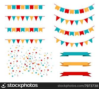 Vector Illustration of Colorful Garlands. Vector Illustration of Colorful Garlands on white background. Rainbow colors buntings and flags. Holiday set.