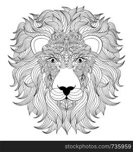Vector illustration of colorful head of lion on white background. Coloring page for adult.. head of lion