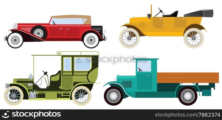 Vector illustration of colorful historical classic cars collesction