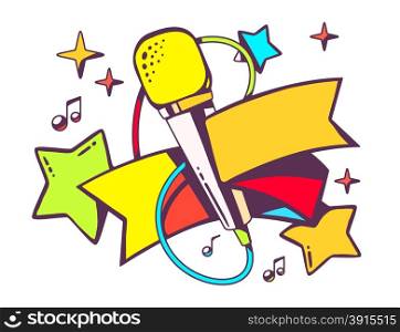 Vector illustration of colorful microphone with ribbon on white background. Bright color line art design for web, site, advertising, banner, flyer, poster, board and print.