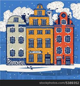 vector illustration of colorful old houses and snow clouds