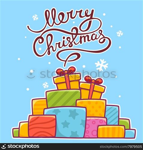 Vector illustration of colorful pile of christmas gifts and hand written text on blue background. Bright color. Hand draw line art design for web, site, advertising, banner, poster, board, postcard, print and greeting card.