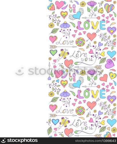 Vector illustration of colorful seamless pattern with hearts,flowers and other elements