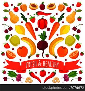 Vector illustration of colorful vegetables and fruits. Vector flat illustration. Vector illustration of colorful vegetables and fruits