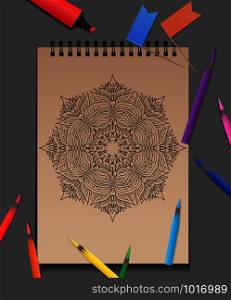 Vector illustration of coloring adults mandala with colored pencils on the table. Example for presentations and your design. Vector illustration of coloring adults mandala with colored penc