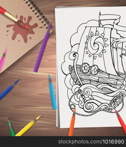 Vector illustration of coloring adults ship with colored pencils on the table. Example for presentations and your design. Vector illustration of coloring adults ship with colored pencils