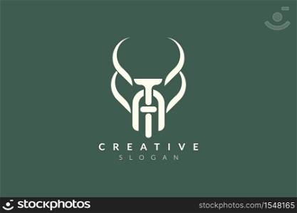 Vector illustration of combined shape of animal horn with letters A and T. Minimalist and simple logo design, flat style, modern icon and symbol