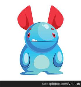 Vector illustration of confused blue monster character with huge red ears on white background.