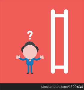Vector illustration of confused businessman character and wooden ladder icon with missing steps.