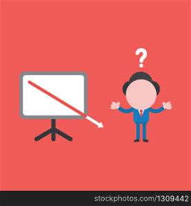 Vector illustration of confused businessman character with arrow moving down and out of presentation board.