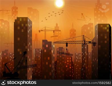 Vector illustration of Construction site with buildings and cranes