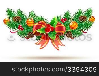 Vector illustration of cool Christmas composition with evergreen branches, red bow and ribbon