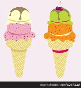 Vector illustration of cool ice cream cones with different flavors