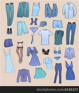 Vector illustration of cool men and women clothes icon set