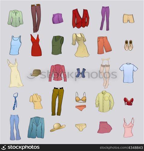 Vector illustration of cool men and women clothes icon set