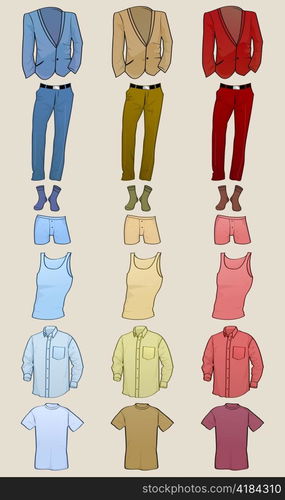 Vector illustration of cool Men clothes icon set in the different colors