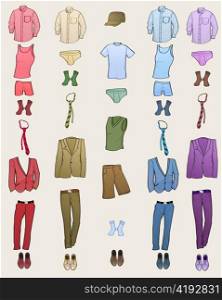 Vector illustration of cool Men clothes icon set in the different colors