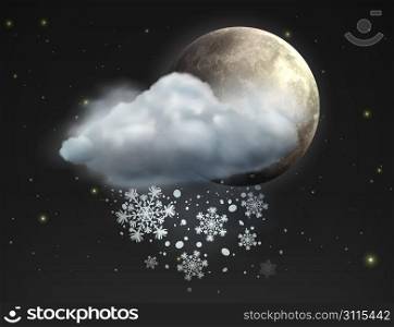 Vector illustration of cool single weather icon - moon with cloud and snow in the night sky