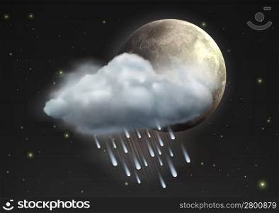 Vector illustration of cool single weather icon - moon with raincloud and raindrops in the night sky