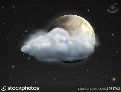 Vector illustration of cool single weather icon - realistic moon with cloud floats in the night sky