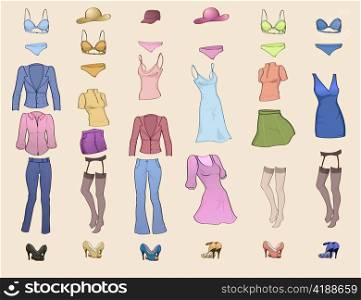 Vector illustration of cool women clothes icon set in the different colors
