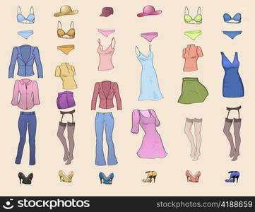 Vector illustration of cool women clothes icon set in the different colors