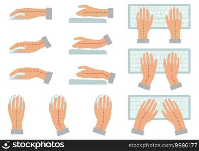 vector illustration of correct and incorrect hand position for use keyboard and holding mouse