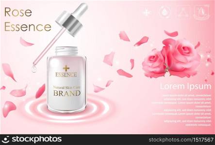 Vector illustration of Cosmetic ads template with essence bottle and red rose on light pink background