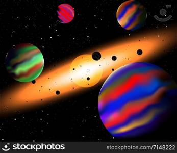 Vector illustration of cosmic space with beautiful stars light and the sun.
