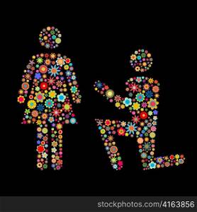 Vector illustration of couple shape made up a lot of multicolored small flowers on the black background