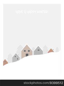 Vector illustration of cozy wooden cabins, houses standing in the snowy slope. Artwork, design for Christmas greeting cards, posters in a trendy style. Vector illustration of cozy wooden cabins, houses standing in the snowy slope
