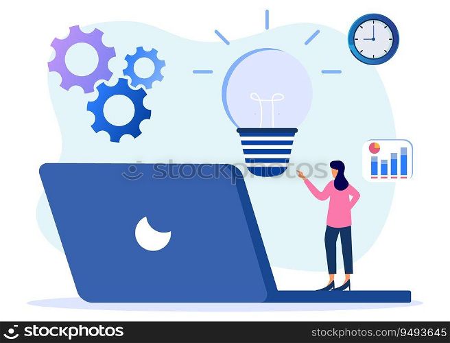 Vector illustration of creative idea concept, innovation, start up. Businessman character on laptop and thinking bright idea with light bulb symbol.