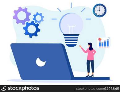 Vector illustration of creative idea concept, innovation, start up. Businessman character on laptop and thinking bright idea with light bulb symbol.